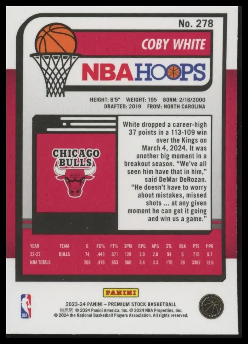 2023-24 Panini Nba Hoops Premium Stock Coby White #278 Chicago Bulls Basketball - Basketball Card Single