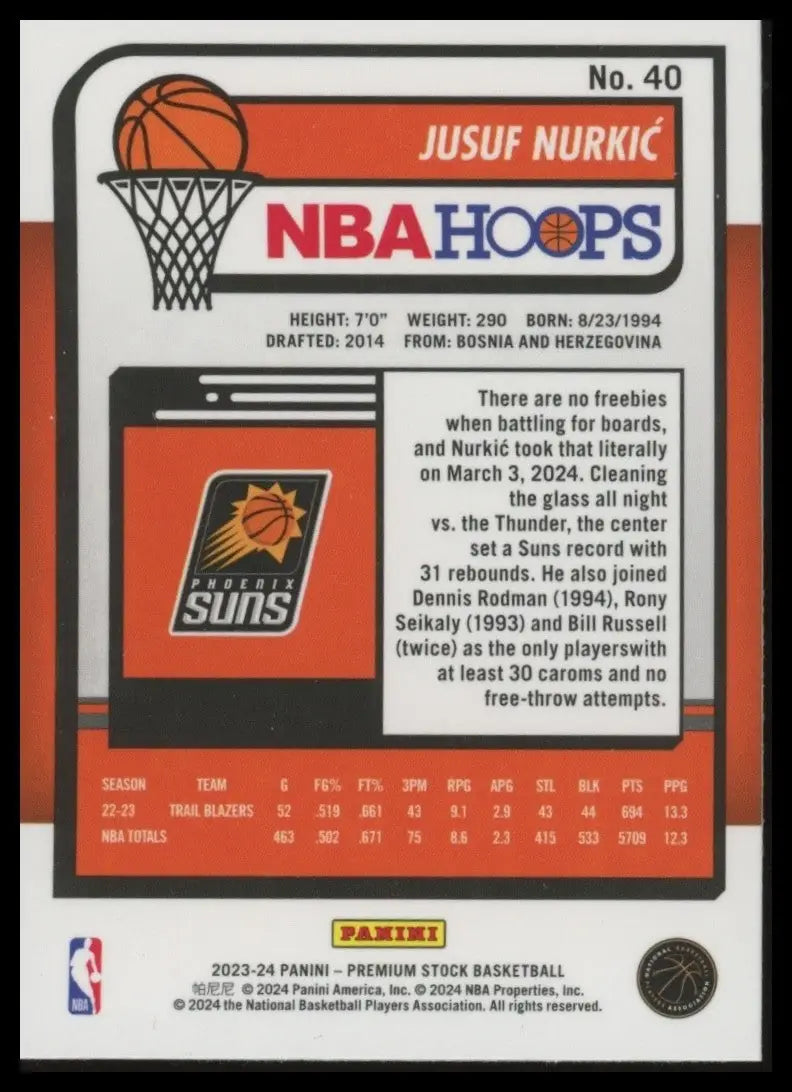 2023-24 Panini Nba Hoops Premium Stock Jusuf Nurkic #40 Phoenix Suns Basketball - Basketball Card Single