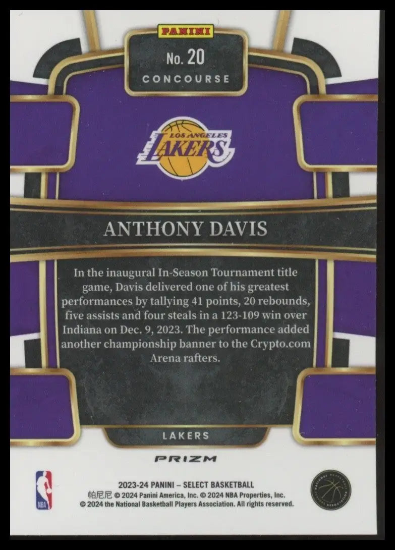 2023-24 Panini Select Blue Concourse Anthony Davis #20 Los Angeles Lakers Card - Basketball Card Single