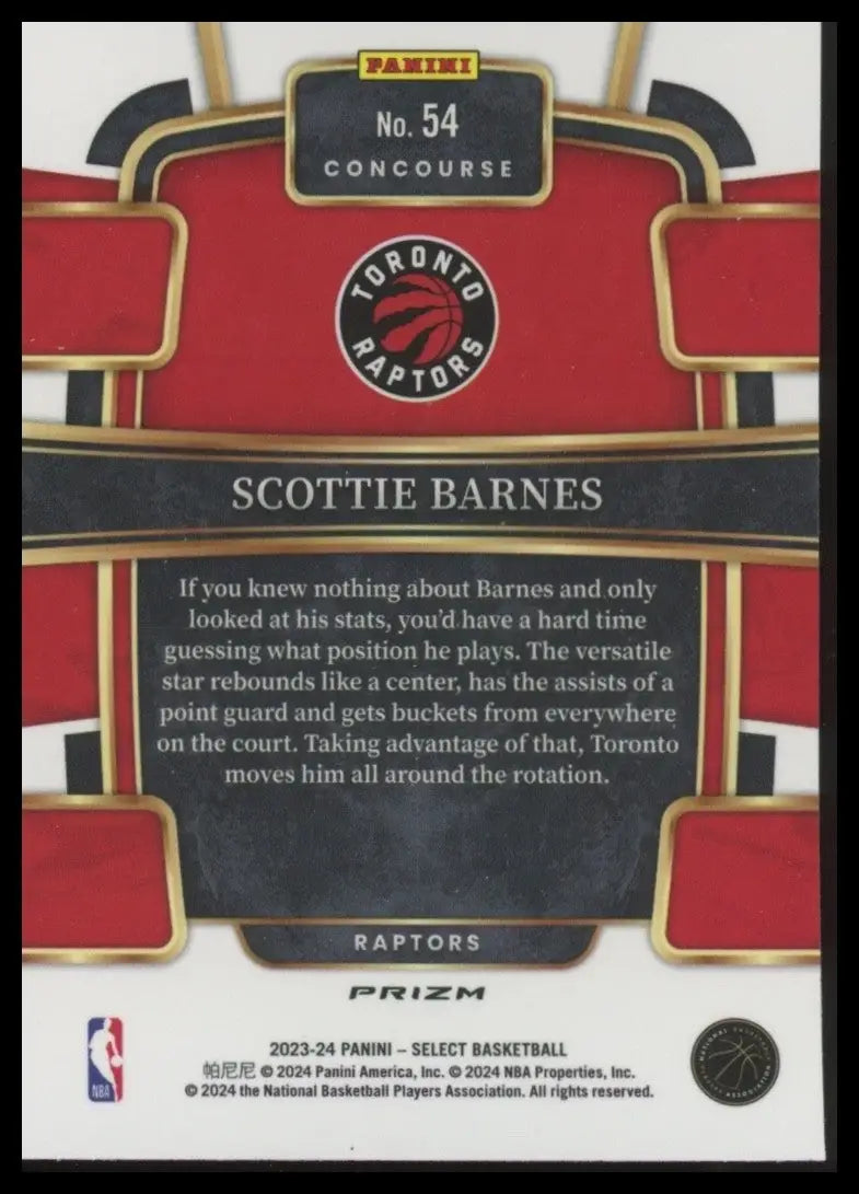 2023-24 Panini Select Orange Flash Concourse Scottie Barnes #54 Toronto Raptors - Basketball Card Single