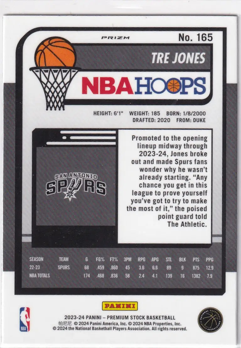 2023-24 PREMIUM STOCK #165 TRE JONES CRACKED ICE- SAN ANTONIO SPURS - Basketball Card Single