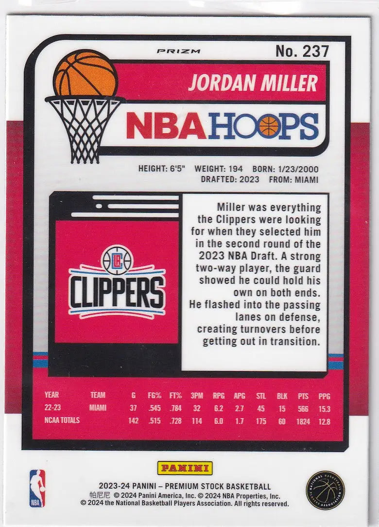2023-24 PREMIUM STOCK #237 JORDAN MILLER RAY WAVE- LOS ANGELES CLIPPERS - Basketball Card Single