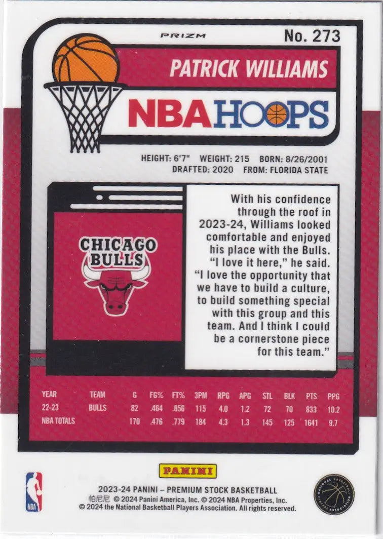 2023-24 PREMIUM STOCK #273 PATRICK WILLIAMS CRACKED ICE- CHICAGO BULLS - Basketball Card Single