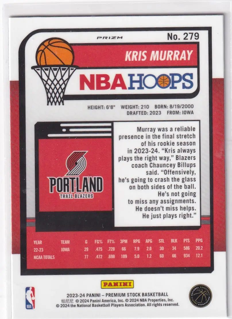 2023-24 PREMIUM STOCK #279 KRIS MURRAY RAY WAVE- PORTLAND TRAIL BLAZZERS - Basketball Card Single