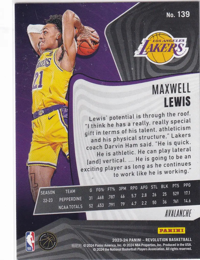 2023-24 REVOLUTION #139 MAXWELL LEWIS AVALANCHE- LOS ANGELES LAKERS - Basketball Card Single
