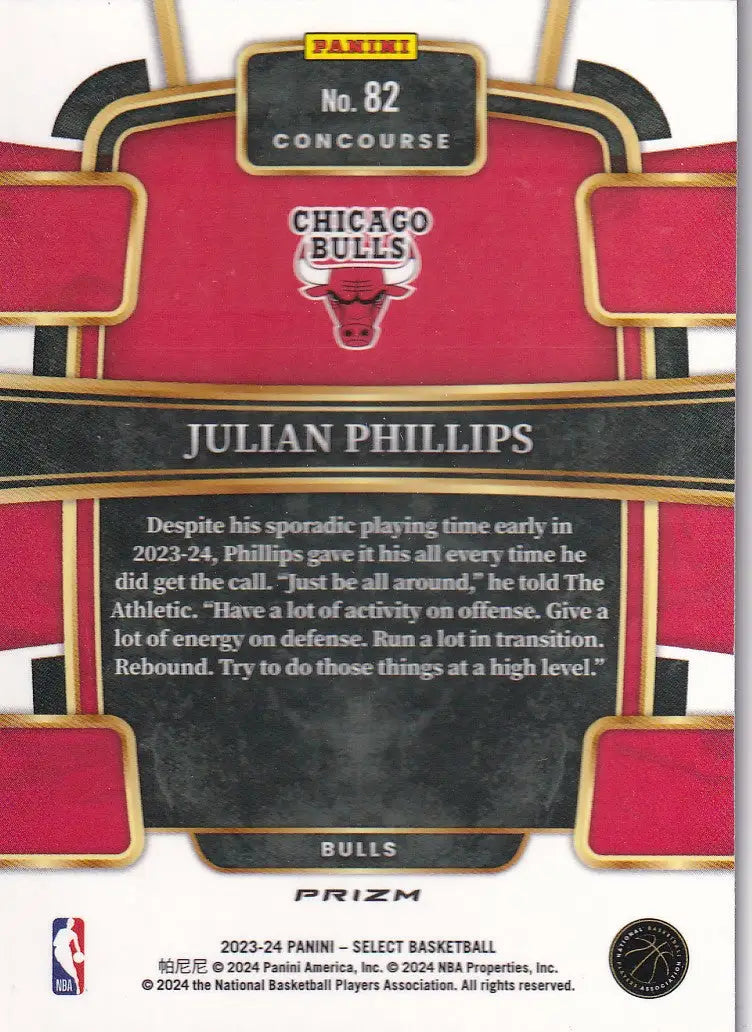 2023-24 SELECT #82 JULIAN PHILLIPS CRACKED ICE- CHICAGO BULLS - Basketball Card Single