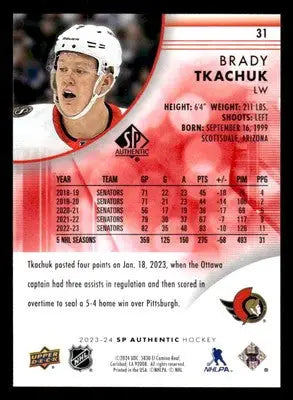 2023-24 SP Authentic #31 Brady Tkachuk Limited Red - Hockey Card Single