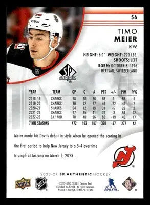 2023-24 SP Authentic #56 Timo Meier - Hockey Card Single