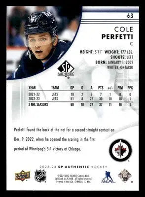 2023-24 SP Authentic #63 Cole Perfetti - Hockey Card Single