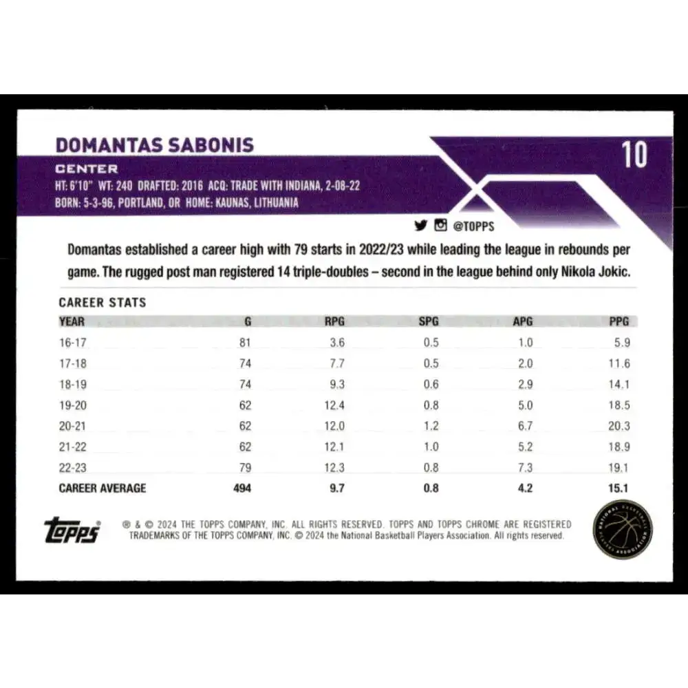 2023-24 Topps Chrome #10 Domantas Sabonis NM-MT Sacramento Kings Basketball Card - Basketball Card Single
