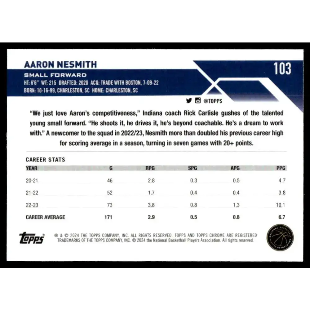 2023-24 Topps Chrome #103 Aaron Nesmith NM-MT Indiana Pacers Basketball Card - Basketball Card Single