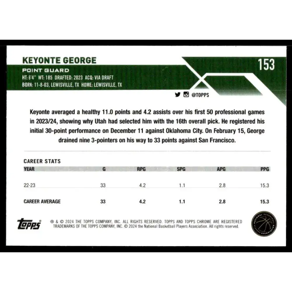 2023-24 Topps Chrome #153 Keyonte George NM-MT Utah Jazz Basketball Card - Basketball Card Single