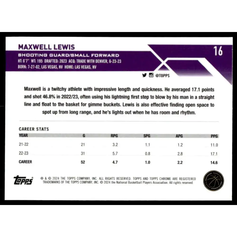 2023-24 Topps Chrome #16 Maxwell Lewis NM-MT Los Angeles Clippers Basketball Card - Basketball Card Single