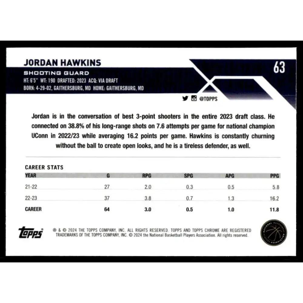 2023-24 Topps Chrome #63 Jordan Hawkins NM-MT New Orleans Pelicans Basketball Card - Basketball Card Single
