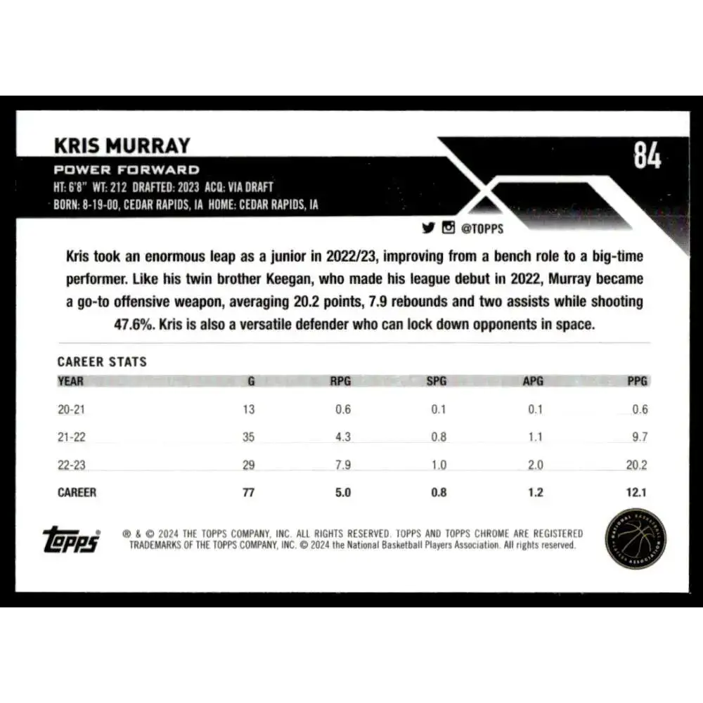 2023-24 Topps Chrome #84 Kris Murray NM-MT Portland Trail Blazers Basketball Card - Basketball Card Single