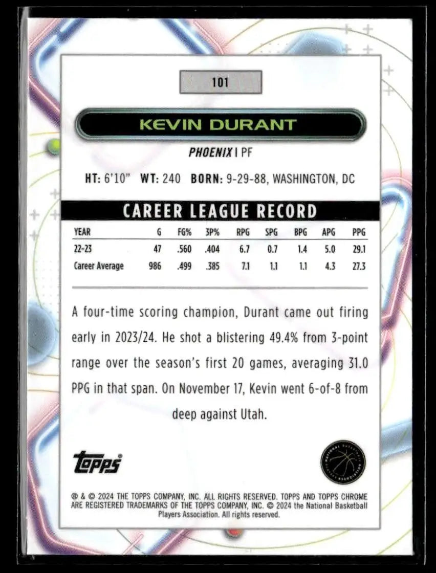 2023-24 Topps Chrome Cosmic #101 Kevin Durant Aqua Equinox Refractors #/149 - Basketball Card Single