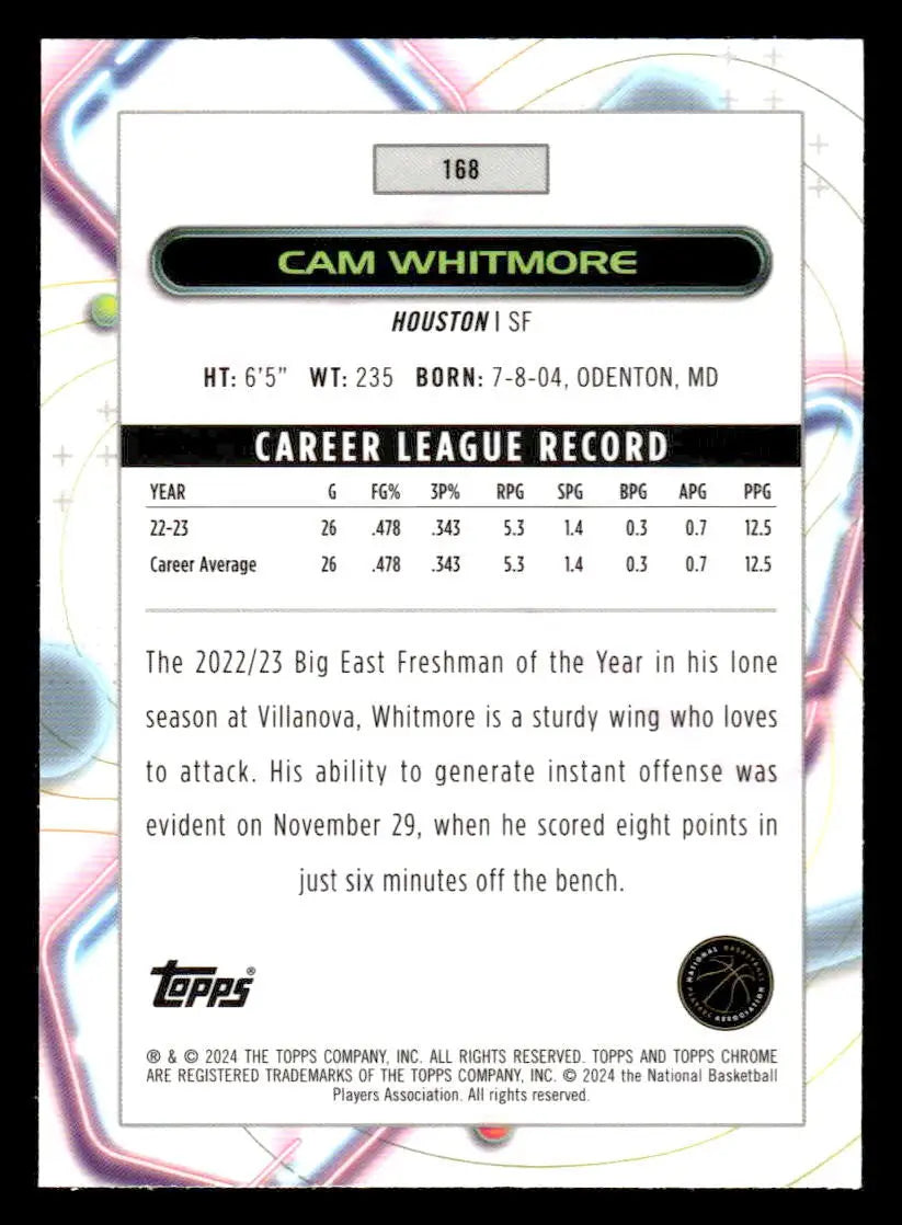 2023-24 Topps Chrome Cosmic #168 Cam Whitmore - Basketball Card Single