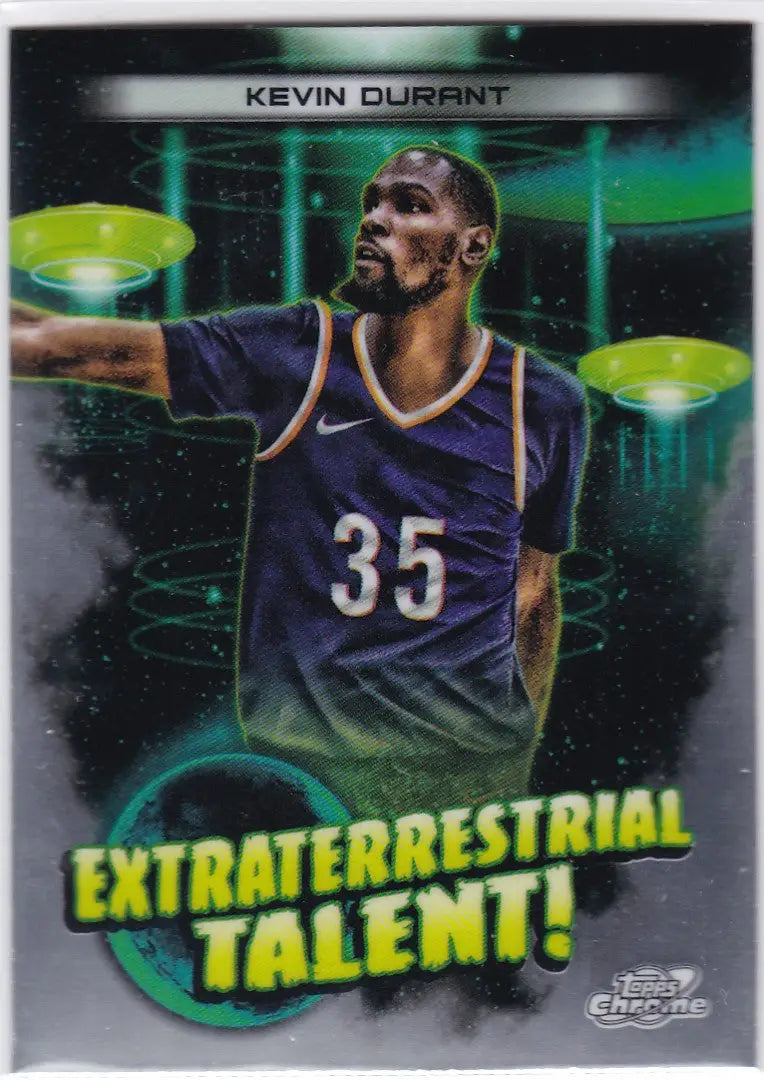 Kevin Durant basketball card from 2023-24 Topps Chrome Extraterrestrial Talent Suns