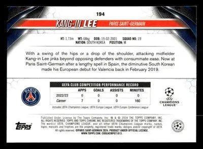 2023-24 Topps Chrome UEFA Club Competitions #194 Kang-in Lee - Soccer Card Single