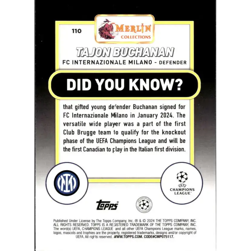 2023-24 Topps Merlin UEFA #110 Tajon Buchanan EX Excellent FC Internazionale Milano Soccer Card - Soccer Card Single
