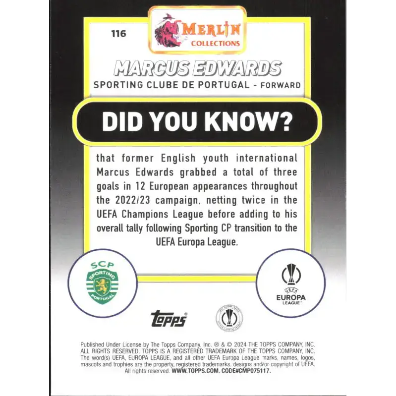 2023-24 Topps Merlin UEFA #116 Marcus Edwards EX Excellent Sporting Clube de Portugal Soccer Card - Soccer Card Single