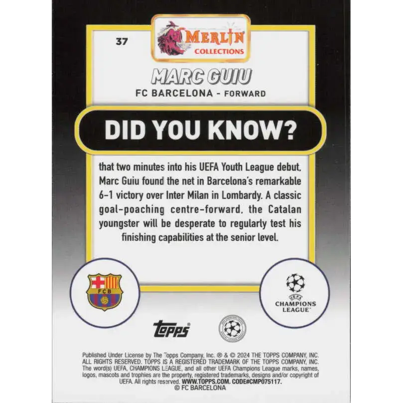 2023-24 Topps Merlin UEFA #37 Marc Guiu EX Excellent RC Rookie FC Barcelona Soccer Card - Soccer Card Single