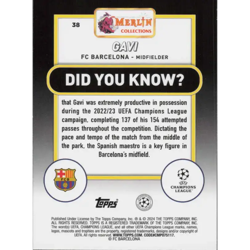 2023-24 Topps Merlin UEFA #38 Gavi EX Excellent FC Barcelona Soccer Card - Soccer Card Single