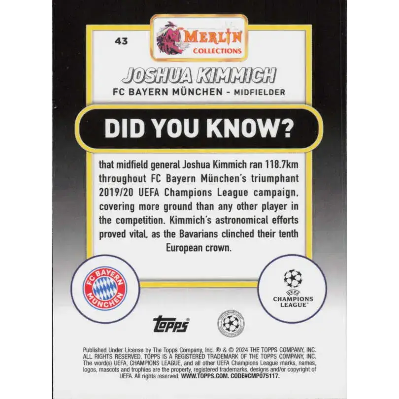 2023-24 Topps Merlin UEFA #43 Joshua Kimmich EX Excellent FC Bayern Munchen Soccer Card - Soccer Card Single