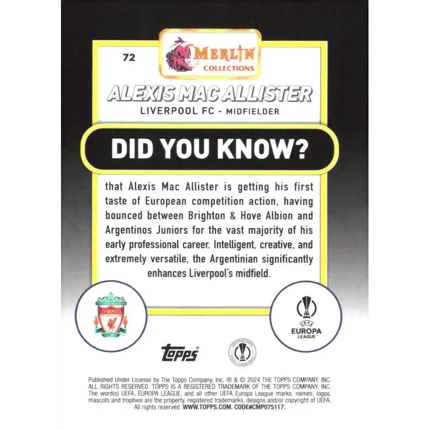 2023-24 Topps Merlin UEFA #72 Alexis Mac Allister EX Excellent Liverpool FC Soccer Card - Soccer Card Single
