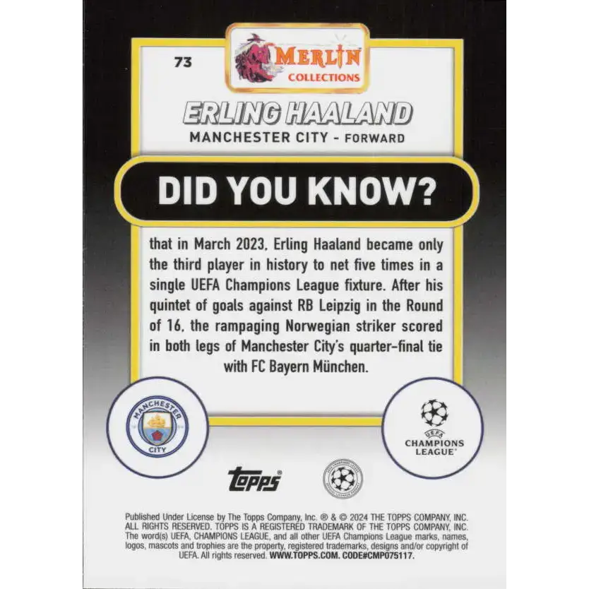 2023-24 Topps Merlin UEFA #73 Erling Haaland EX Excellent Manchester City Soccer Card - Soccer Card Single