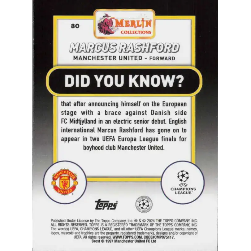 2023-24 Topps Merlin UEFA #80 Marcus Rashford EX Excellent Manchester United Soccer Card - Soccer Card Single