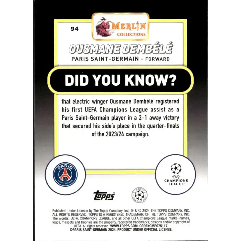 2023-24 Topps Merlin UEFA #94 Ousmane Dembele EX Excellent Paris Saint-Germain Soccer Card - Soccer Card Single
