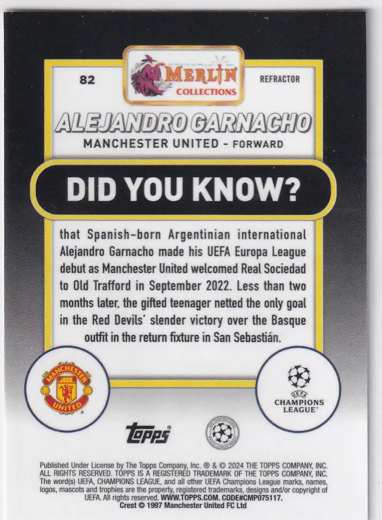 Trading card showcasing a Did You Know fact about Alejandro Garnacho, Topps UCC Merlin Chrome