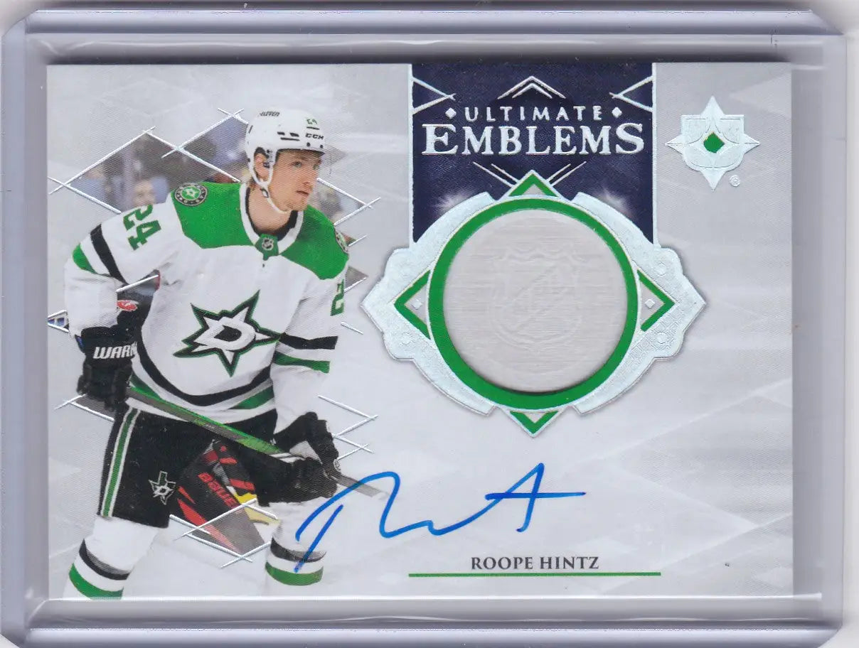 2023-24 Ultimate Collections Emblems Roope Hintz autographed hockey card from emblems roope hintz