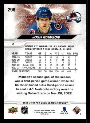 2023-24 Upper Deck #298 Josh Manson - Hockey Card Single
