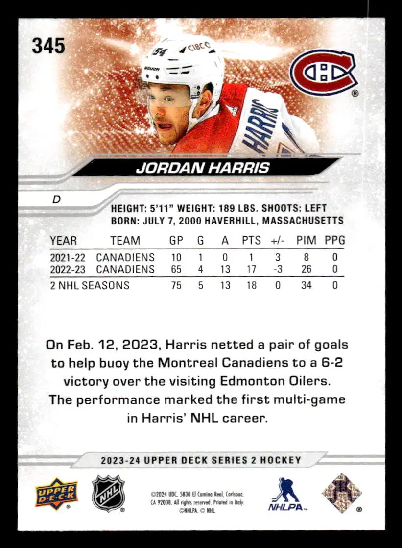 2023-24 Upper Deck #345 Jordan Harris - Hockey Card Single