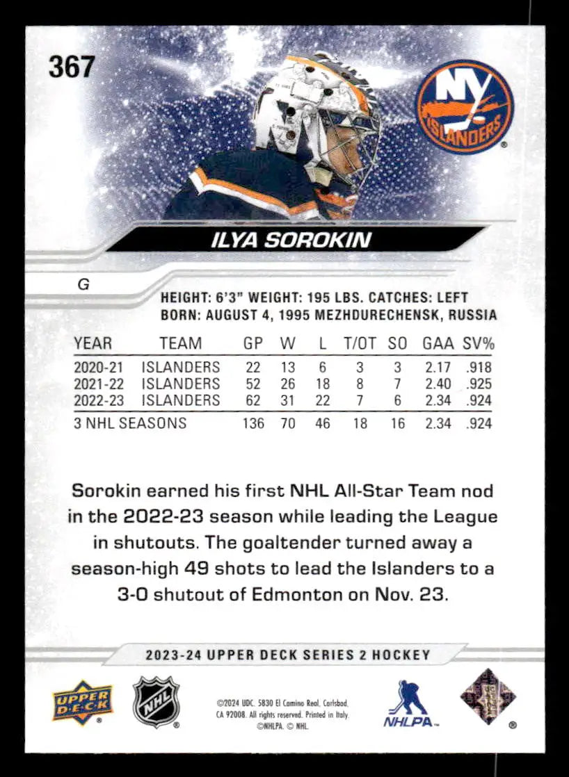 2023-24 Upper Deck #367 Ilya Sorokin - Hockey Card Single