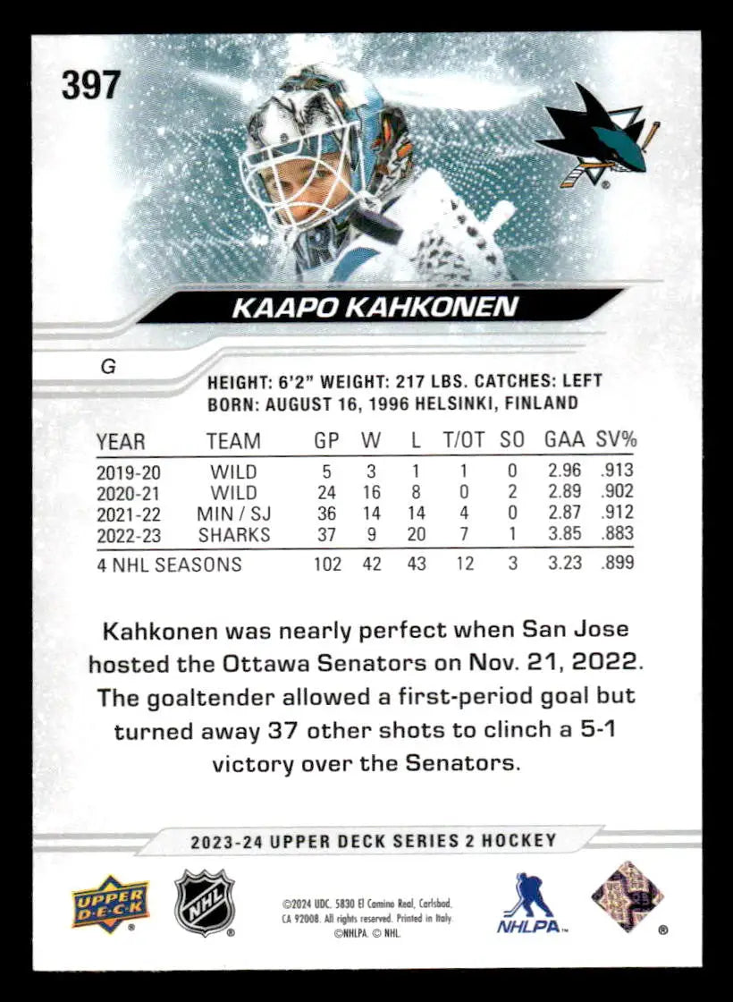 2023-24 Upper Deck #397 Kaapo Kahkonen - Hockey Card Single