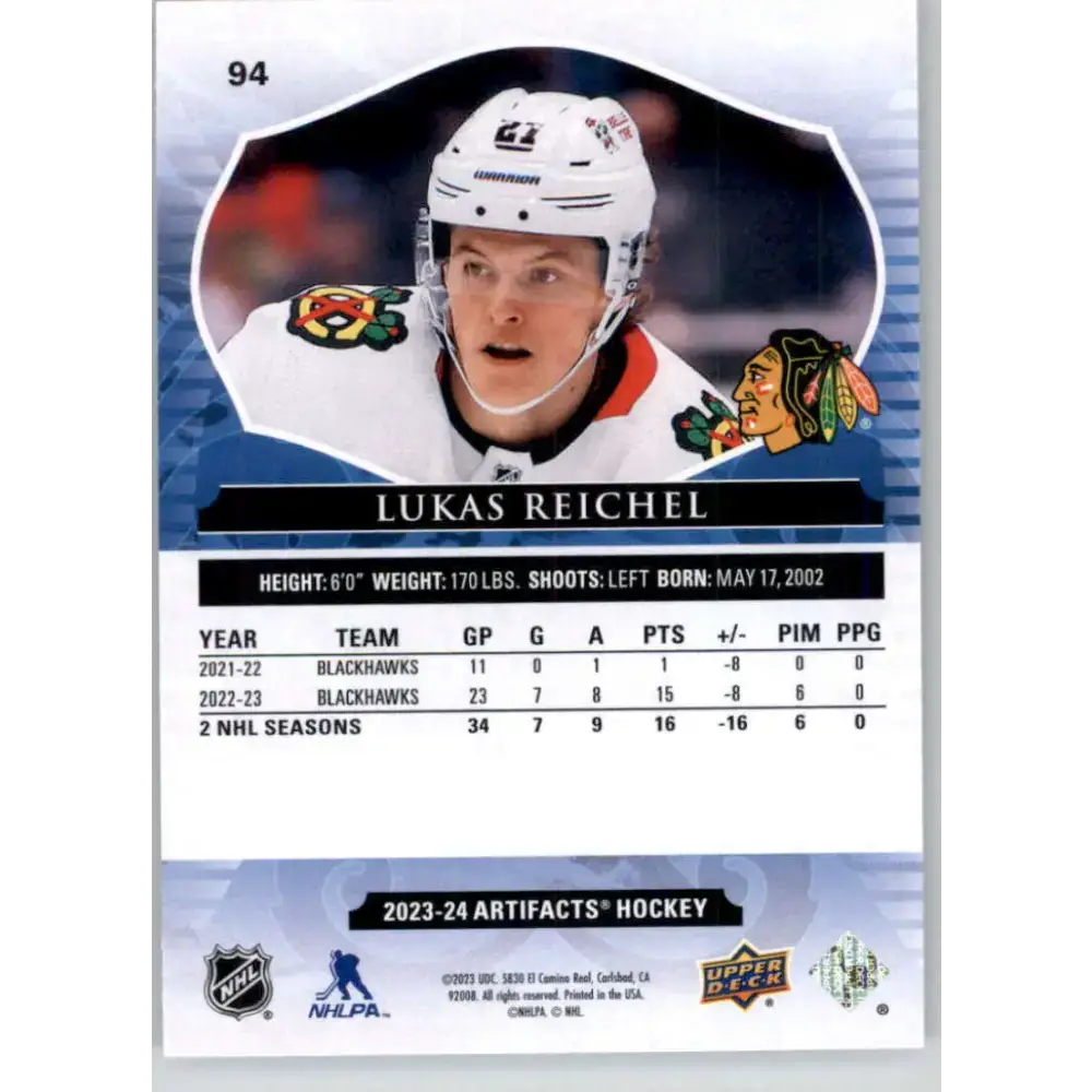 2023-24 Upper Deck Artifacts Turquoise #94 Lukas Reichel NM-MT Chicago Blackhawks Hockey Card - Hockey Card Single