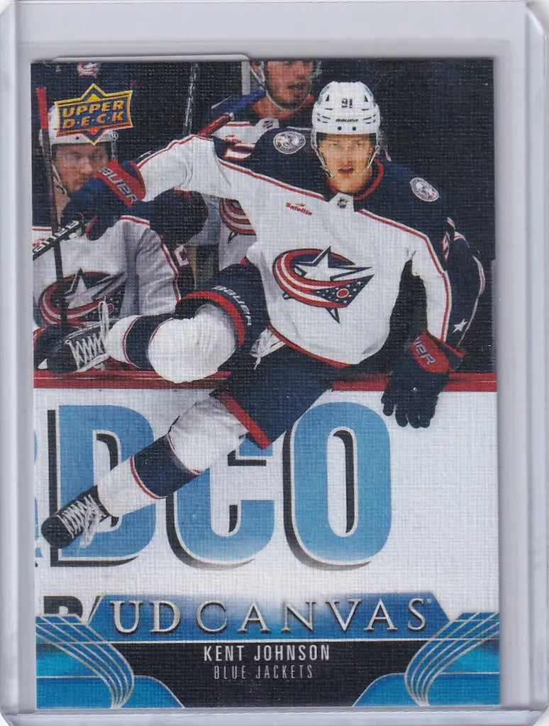 Hockey trading card of C20 Kent Johnson in a Columbus Blue Jackets jersey from Upper Deck Series