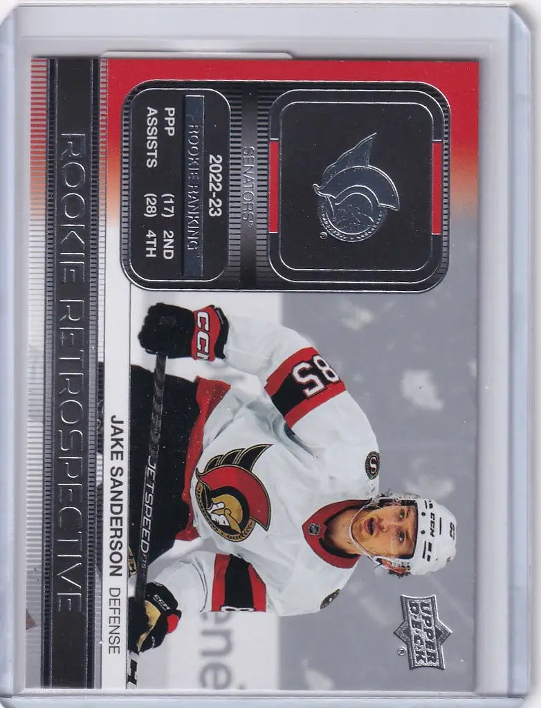 Hockey trading card of Jake Sanderson Ottawa Senators from Upper Deck Series 1 Retrospective