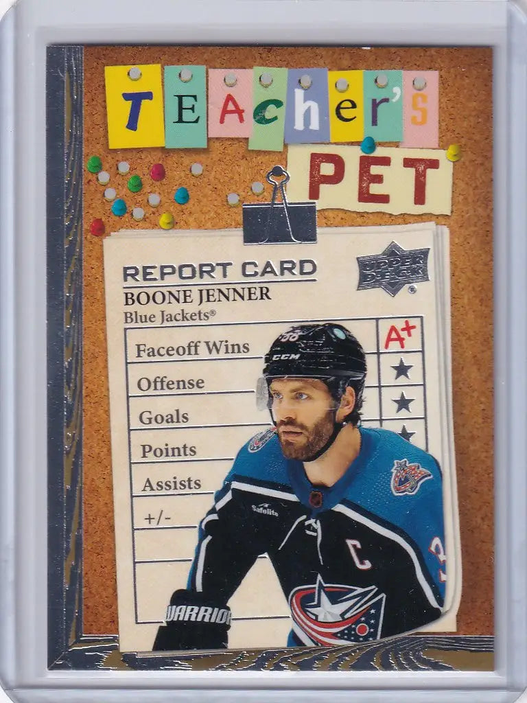 Hockey trading card of Boone Jenner from 2023-24 Upper Deck Series 1 Teachers Pet