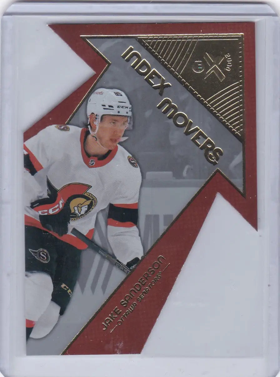 Hockey trading card of Jake Sanderson in 2023-24 Upper Deck Skybox Index Mover series