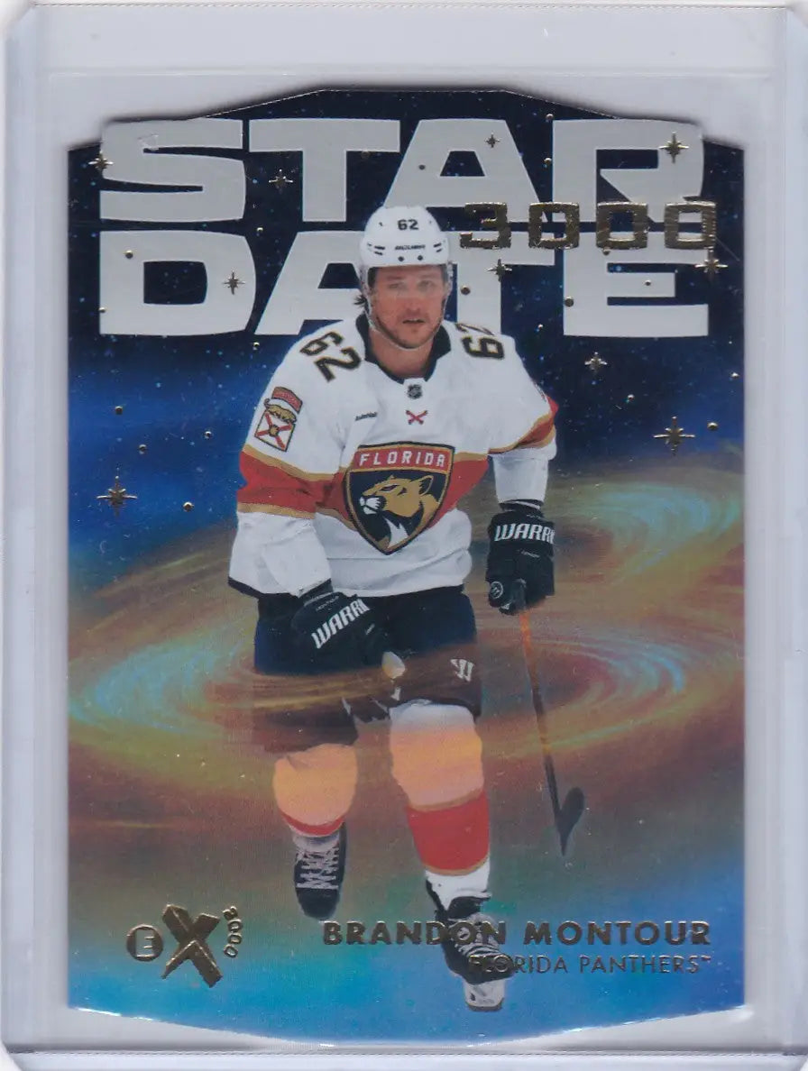 Brandon Montour hockey card from 2023-24 Upper Deck Skybox E-X 2000 Star Date 3000