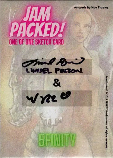 Sketch card of a blonde woman by Limuel Pinzon and Mary Bellamy with a blurred background