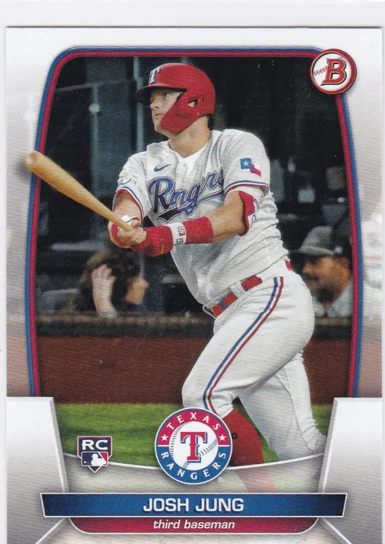 Baseball card of Josh Jung swinging bat, featuring Texas Rangers 2023 Bowman #43 RC