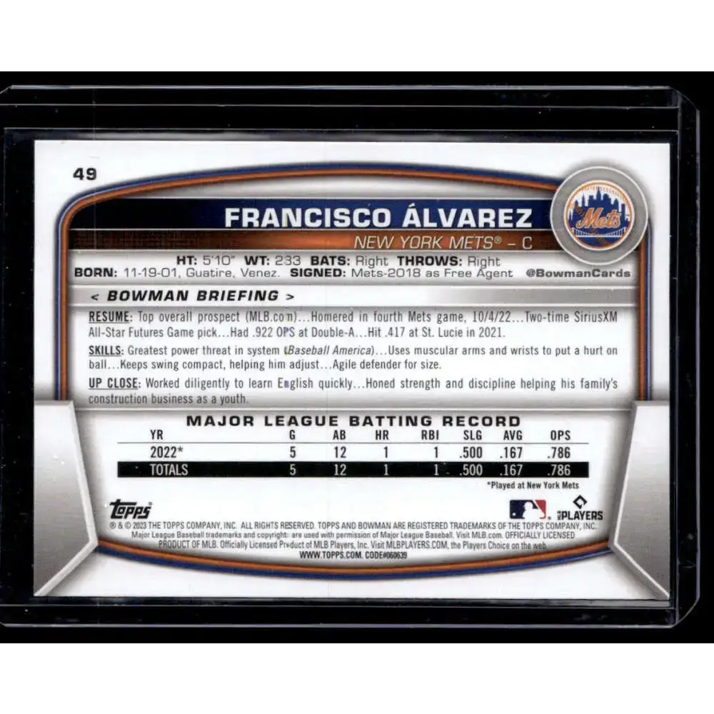 2023 Bowman #49 Francisco Alvarez NM-MT - Baseball Card Single