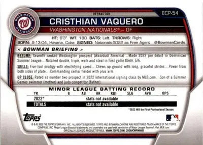 2023 Bowman #BCP-54 Cristhian Vaquero Chrome Prospects Lunar Glow Refractors - Baseball Card Single