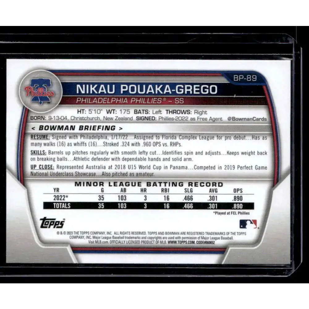 2023 Bowman #BP-89 Nikau Pouaka-Grego Prospects NM-MT - Baseball Card Single