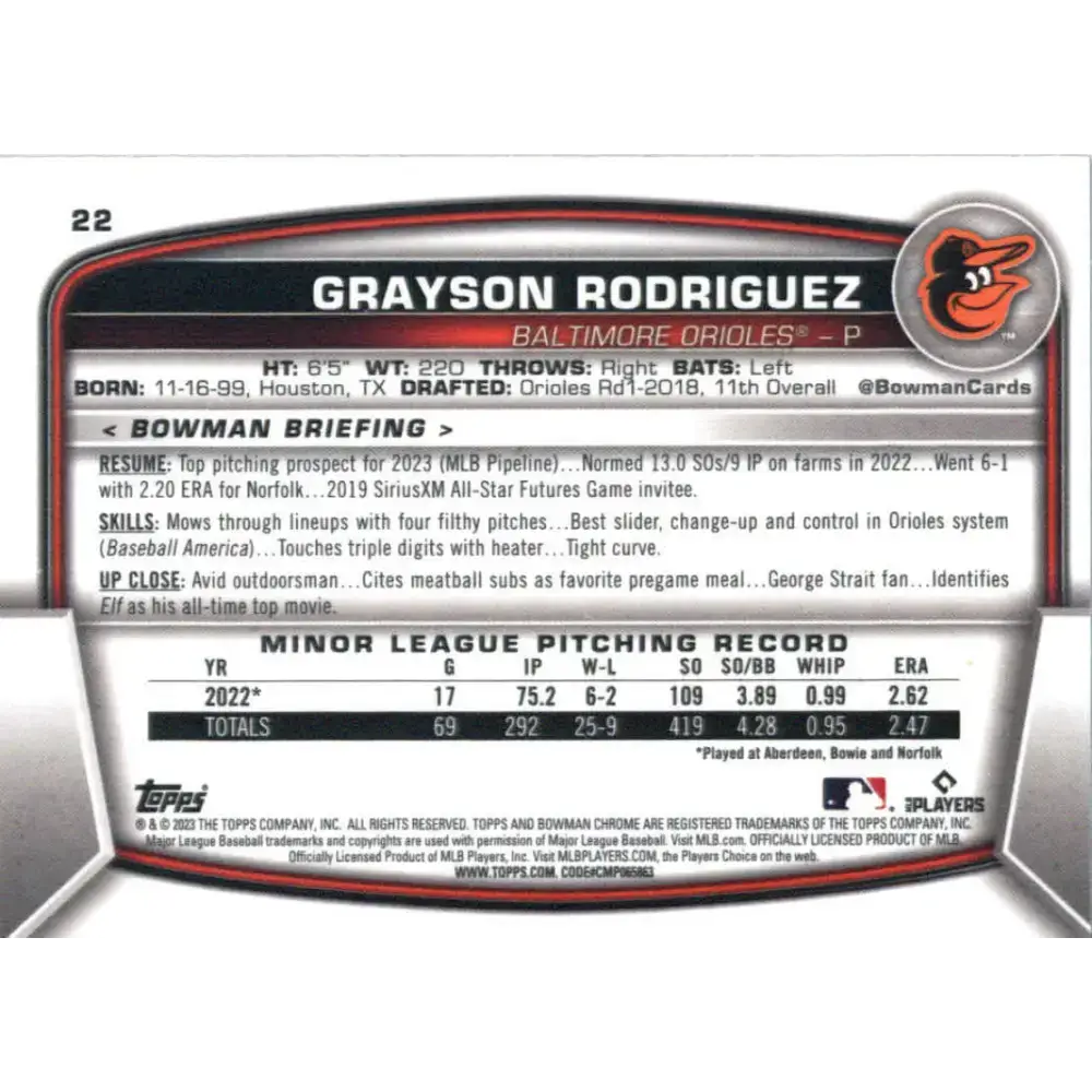 2023 Bowman Chrome #22 Grayson Rodriguez NM-MT RC Rookie Baltimore Orioles Baseball Card - Baseball Card Single